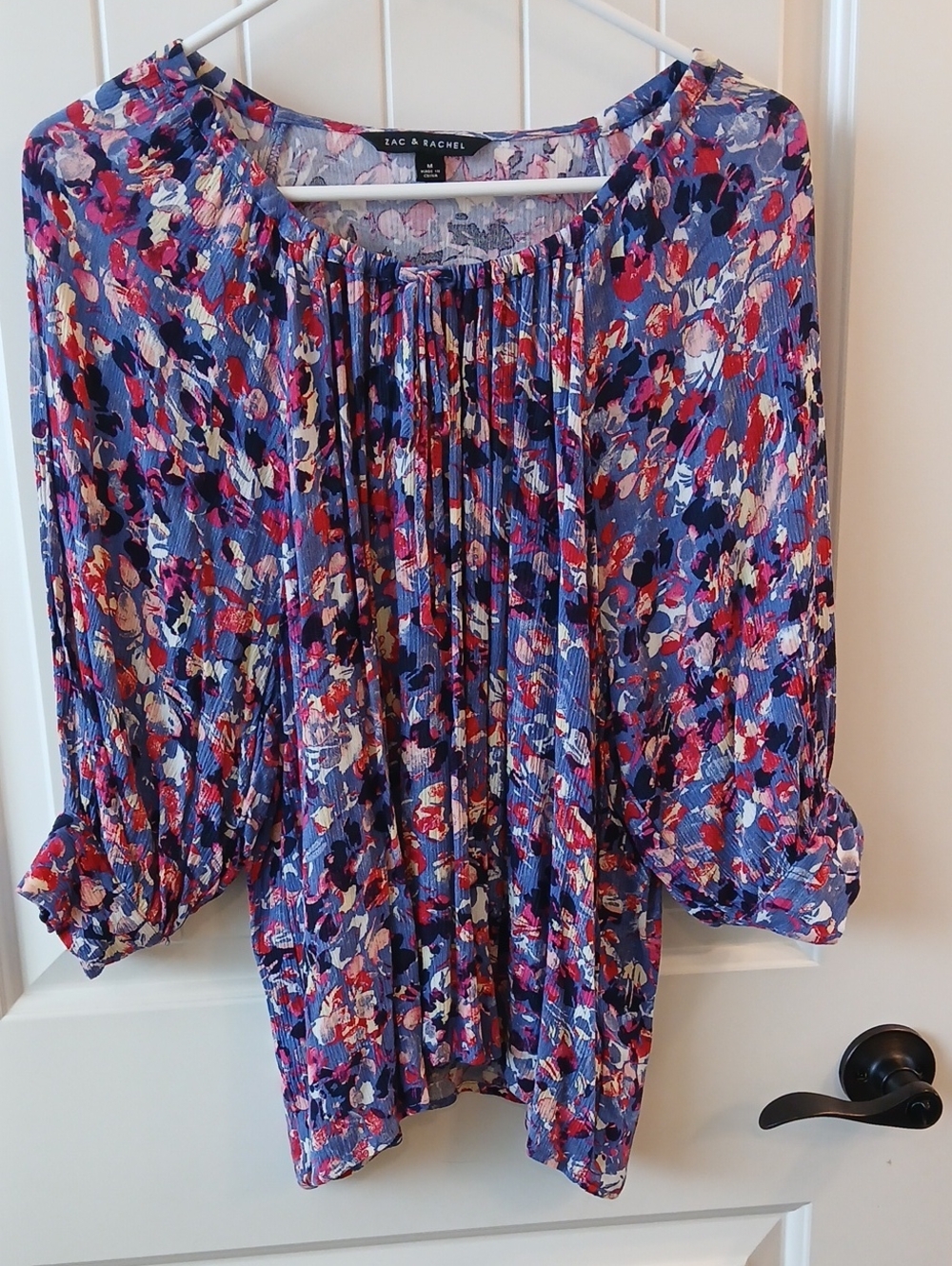 Zac & Rachel Navy Blue Multi-Color Floral Gathered Blouse